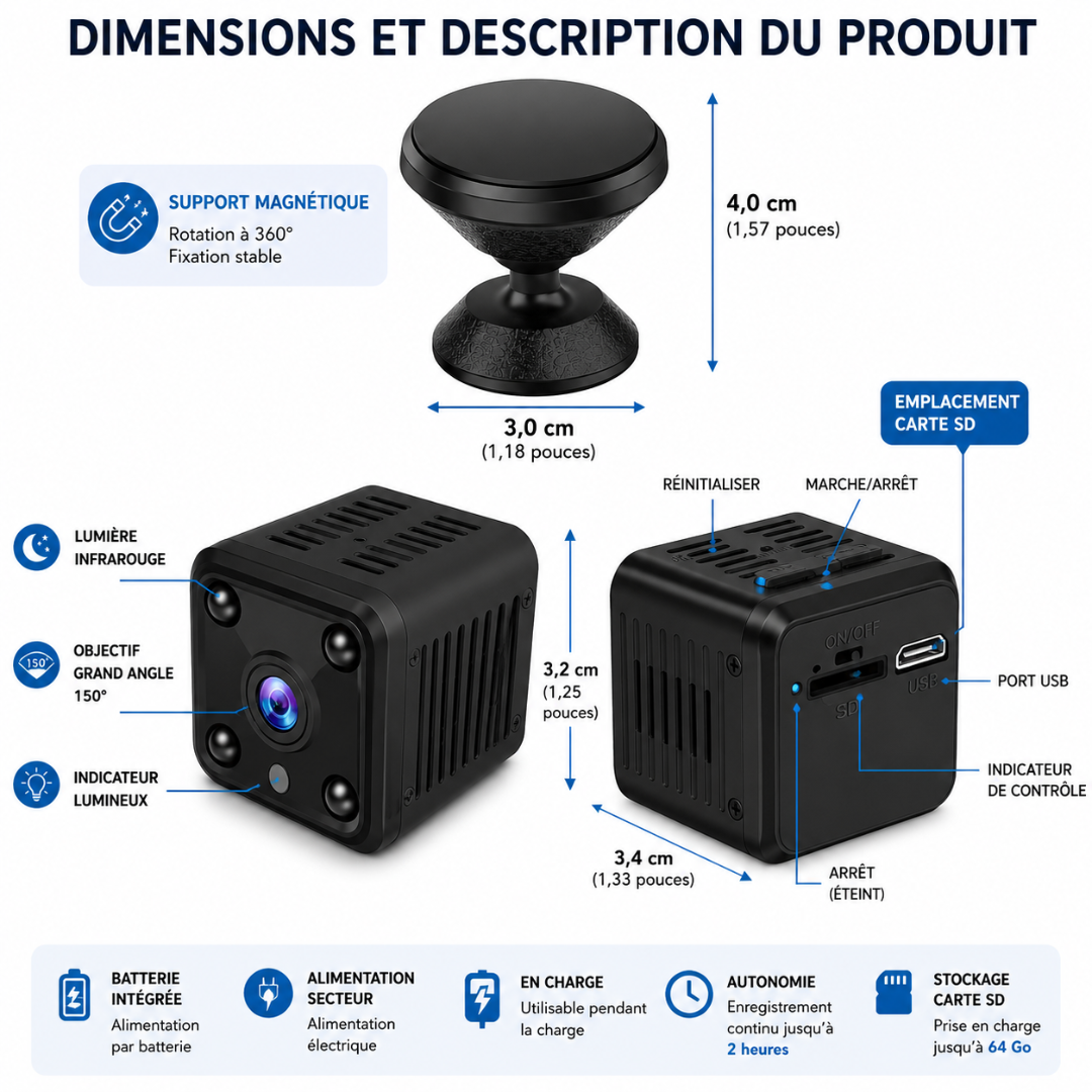 Mini caméra de sécurité WiFi 1080p CCTV avec batterie intégrée et vision nocturne ML